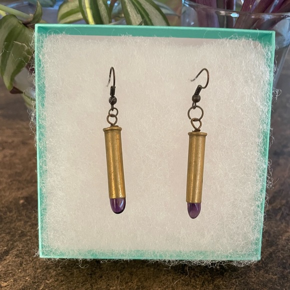 Genuine Amethyst Crystal / Recycled Bullet Shell Drop Earrings / Hand Crafted - Picture 3 of 4